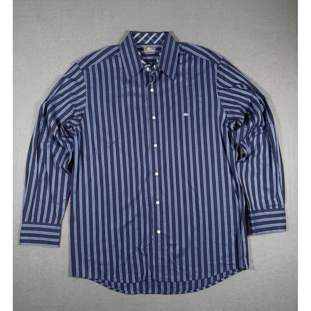 Vintage Lacoste Men Navy Striped Shirt Long Sleeve Made In France Size 42 L